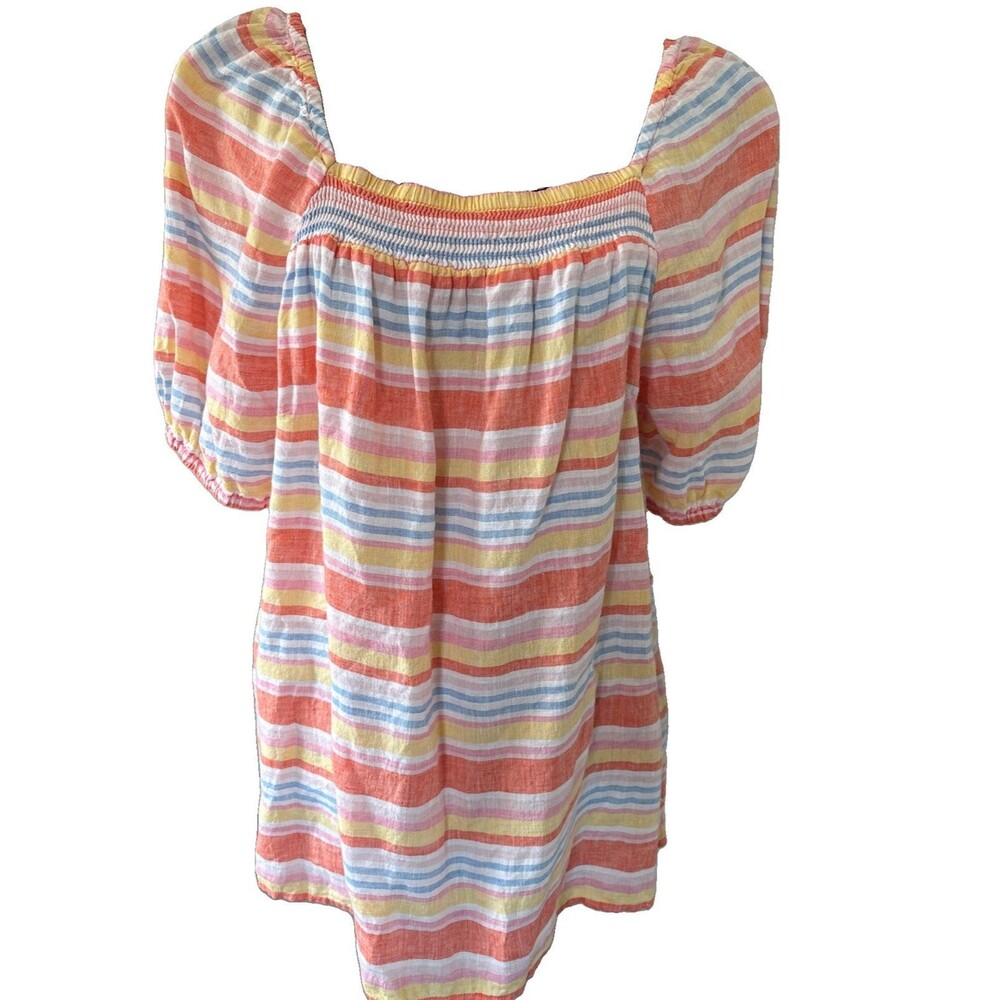 Talbots Linen Multicolor Striped Puff Sleeve Blouse Size XL Coastal Lightweight